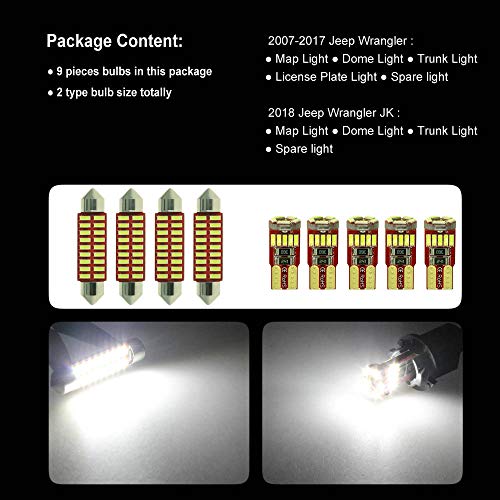 DODOFUN Deluxe Interior LED Lighting Kit for 2007-2017 Jeep Wrangler (9-pc Bulb 6000k)