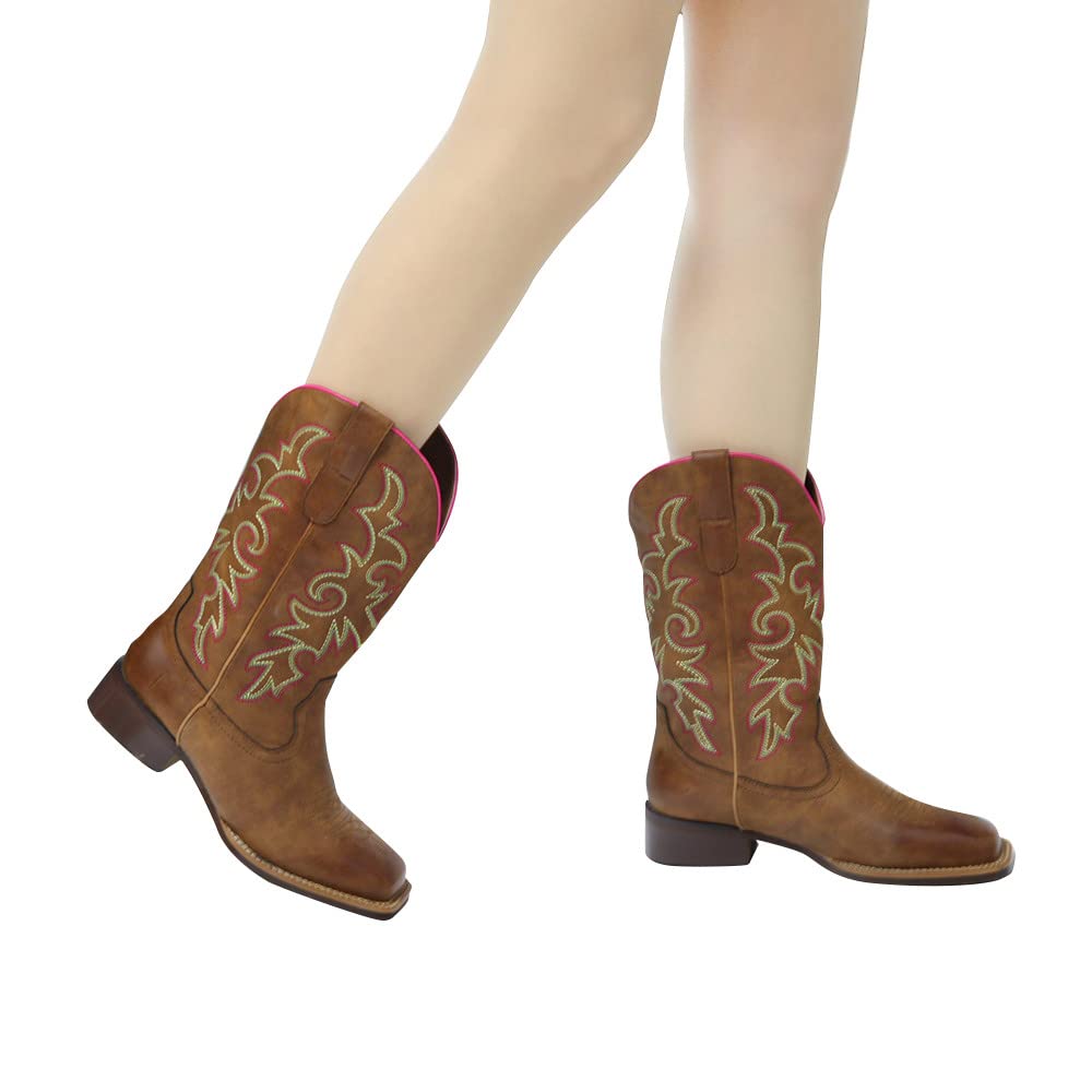 J's.o.l.e Fashion Cowboy Boots For Women Square Toe Wide Mid Calf Western Cowgirl Boots