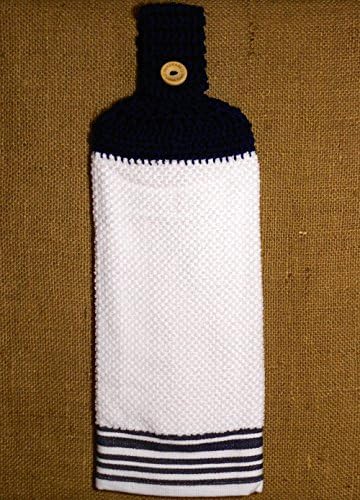 White and Navy Blue Hanging Kitchen Towel Double Sided with a Crochet Top