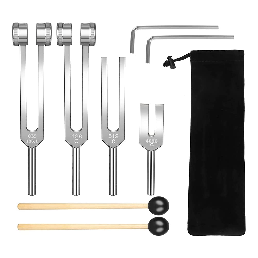 Hopbucan Tuning Fork Parts (128Hz, 136.1Hz, 512Hz,4096Hz) with Reflex Hammer for Healing Chakra Set Healing Musical