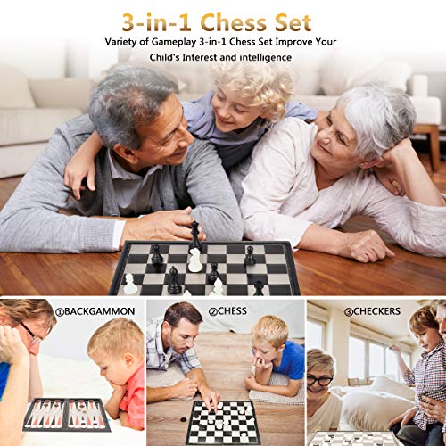 3-in-1 Chess Set - Travel Chess Set Magnetic Chess & Checkers & Backgammon Folding Chess Board Game, Portable Checkers with 3 Mesh Bags, Best Chess Games Gift for Kids and Adults 12.4 Inches