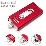 For iPhone USB 3.0 Flash Drive 3in1 OTG Cell Phone Memory Stick Lightning iOS Apple iPad iPhone 5 6 6S 7 Plus Pen Drive External Storage Tipmant - Red 16GB