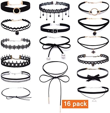 16 PCS Black Choker Necklace Set,Black Chokers for Girls Women Velvet Choker Necklaces Stretch Lace Gothic Tattoo
