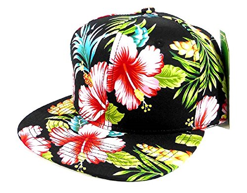 All Over Hawaiian Print Snapback Hat Cap Flat Bill Floral Black #2