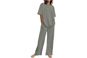Cotton Linen Two Piece Sets for Women Short Sleeve Crewneck Tops with Drawstring Pants Matching Sets Summer Beach Outfits