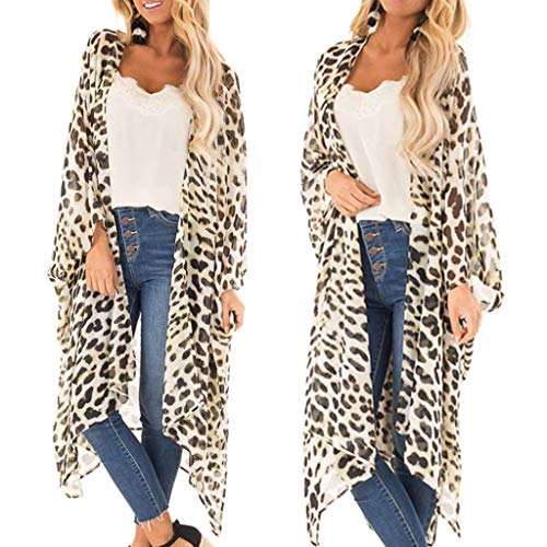 Women Fashion Sexy Short Sleeve Kimono Leopard Print V-Neck Long Cardigan
