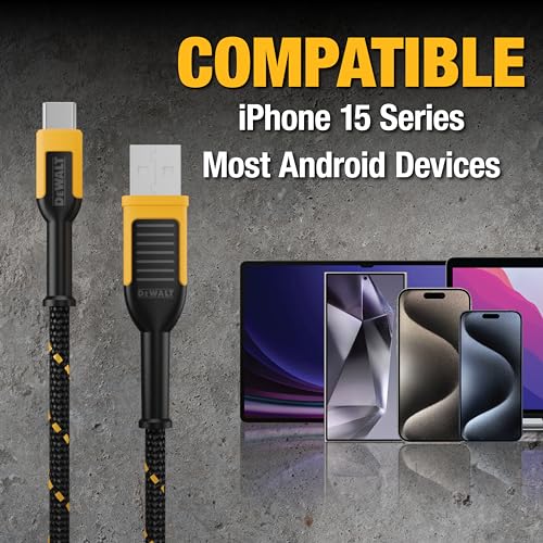 DEWALT USB C Cable, Premium trenzado de nylon USB A a tipo C Cable cargador de carga rápida para el iPhone 16 Series, iPhone 15 Series, Samsung Galaxy S10 S10 + / Nota 9, LG V30 (USB 2.0, Negro)
