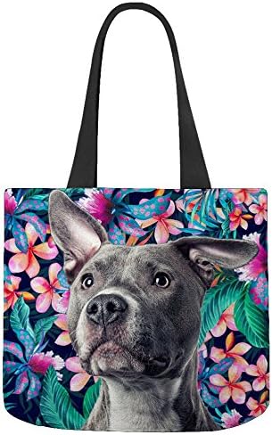 American Pit Bull Terrier Dog Flower Pattern Printed - Personalized Design Reusable EcoFriendly Canvas Tote Bags (12.2"x11"x3.3",Hand Drop 9.8")
