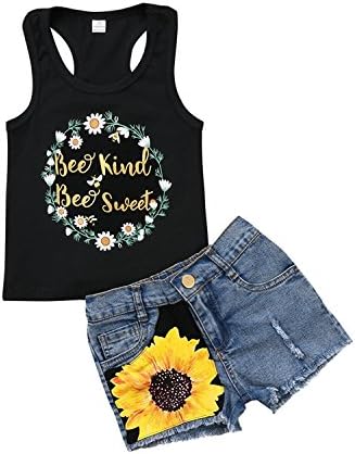 WHBFRG 2Pcs/Set Fashion Toddler Kids Baby Girl Summer Flower Sleveless T-Shirt Dress Top+Floral Denim Shorts Outfits(2-3 Years)