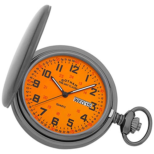 Gotham Men's Railway Classic Gunmetal Stainless Steel Analog Quartz Day/Date Hunter Pocket Watch # GWC14110BOX