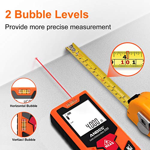 Anbes Laser Measure 196Ft/M/In/Ft+In Mute Laser Distance Measure with 2 Bubble Levels, Backlit Dispaly, Pythagorean Mode,Area,Volume Calculation,Continuous/Single-distance Measurement Battery Included