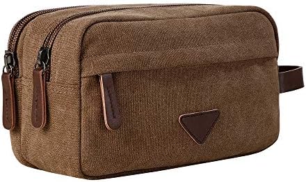 Travel Toiletry Bag, Cosmetic Wash Bag Gym Shaving Dopp Kit Canvas Portable Case with Double Compartments for Men or Women, Brown
