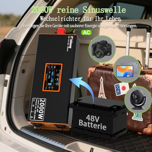 48 V 2000 W Inverter 48 V to 230 V Pure Sine Wave Voltage Converter with LCD Display 2 EU Sockets and 4 USB Type-C Ports Converter Remote Control for Motorhome Car Camping