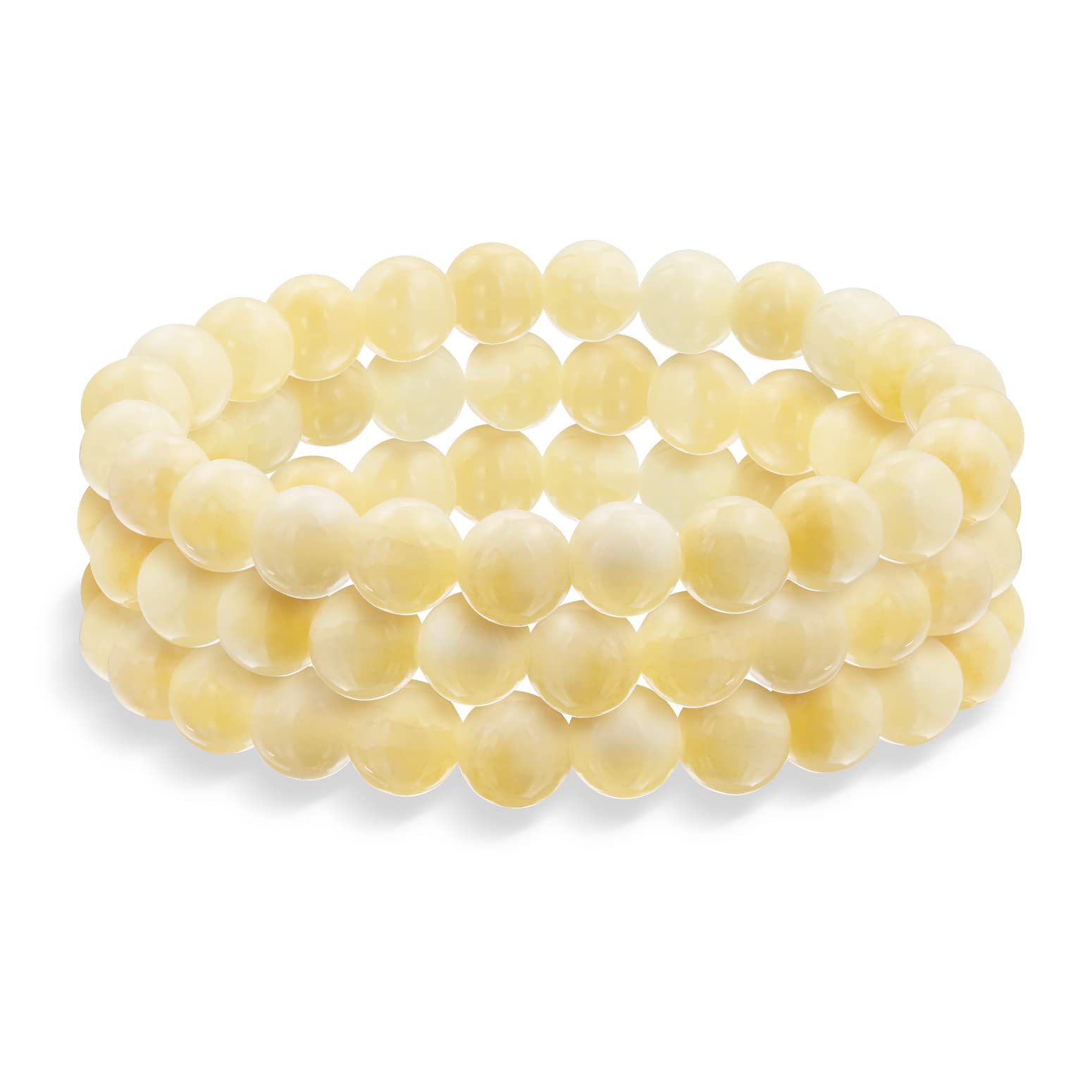 Bling Jewelry Set Of 3 Plain Stacking Round Beige Pale Yellow Honey Jade Stone Ball Bead Stackable Strand Stretch Bracelet For Women Teen For Men 8MM