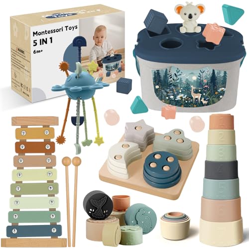 Generic Baby Toy 6 Months and Above, 5 in 1 Montessori Toy, Sensory Baby Games with Sorting Shapes and Stacking, Xylophone, Silicone Pull Rope Set, Stackable Cups, Baby Gift 6, 8, 9, 12 Months