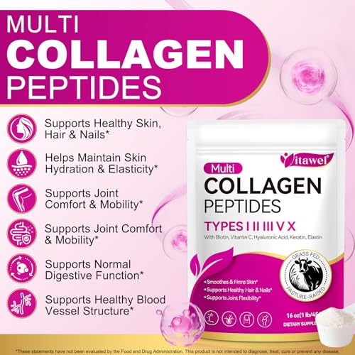 Multi Collagen Peptides Powder,Type I, II, III, V, X,with Biotin,Vitamin C,Hyaluronic Acid,Supports Healthy Joint, Hair, Skin & Nail Support,Grass-Fed, Non-GMO,16oz