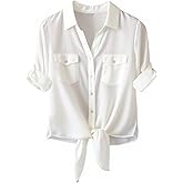 SRHJOPNFR Womens Tie Front Button Down Shirt Casual 3/4 Roll Up Sleeve Collared Work Blouse with Pockets