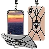 SHANSHUI Cell Phone Lanyard, Silicone Case Finger Ring Stand Stretchy Holder with Detachable Neck Strap Compatible with iPhone X XS SE 5s 5 6 7 8 Plus and Most Smart Phones (Black)