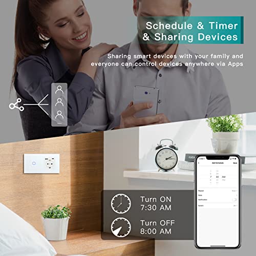 BSEED WiFi Smart Switch, Touch Switches with Glass, Compatible with Alexa, Tuya and Smart Life, Neutral Cable Required, 1 Gang 1 Way + 1 USB/Type C Plug, 157 mm White