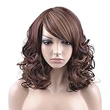 eNilecor Short 2 Tones Brown Mixed Golden Blonde Highlights Wigs, Body Wave Shoulder Length, Curly Natural Women Synthetic Hair Cosplay Custom Daily Wig with Side Bangs Wig Cap, 14'' L, Brown