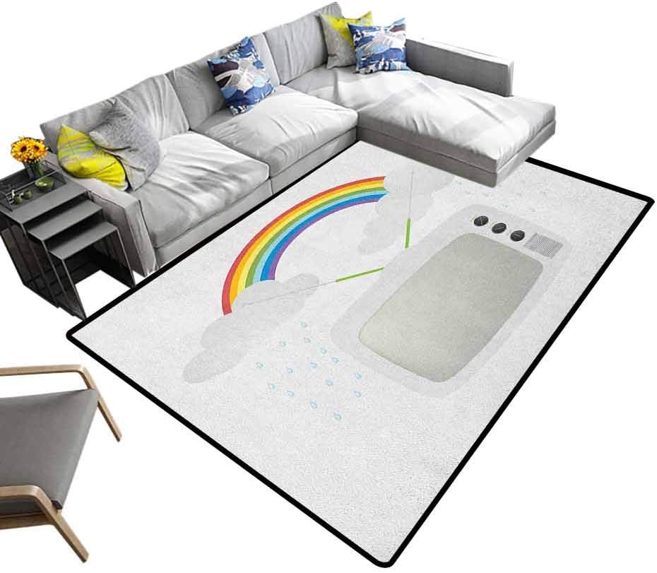 Home Decor Rugs Vintage Rainbow, Baby Floor Playmats Crawling Mat Old TV with Raining Clouds on Antennas Broadcast Entertainment Technology for Bedroom Floor Sofa Living Room Multicolor, 6.5 x 10 Feet
