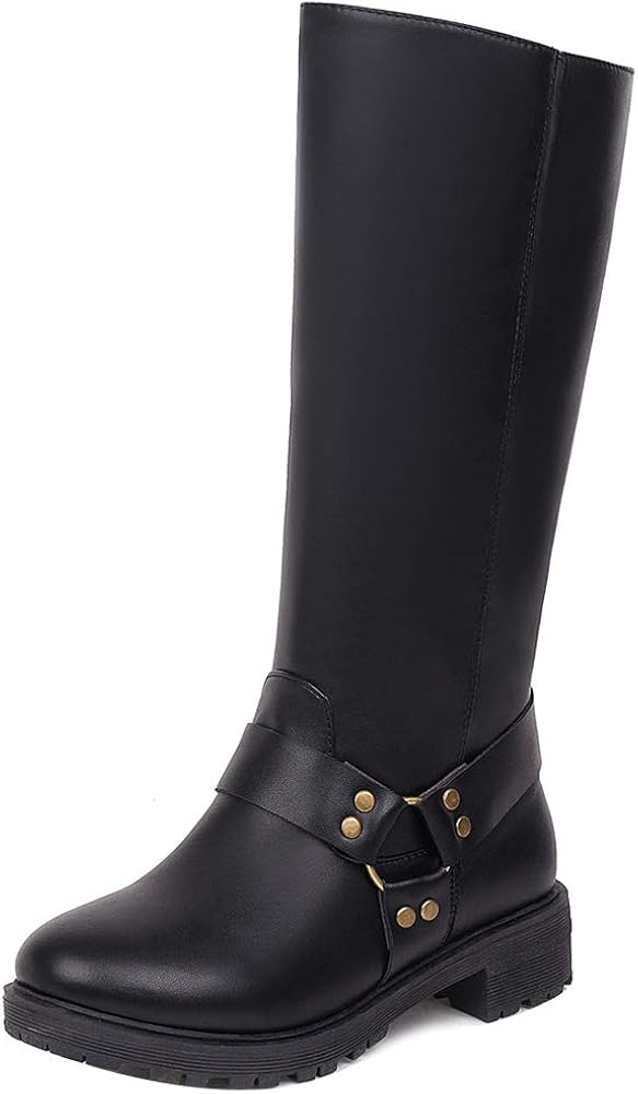 SUCREVEN Women Harness Boots Round Toe Mid Top Boots Low Block Heel Mid