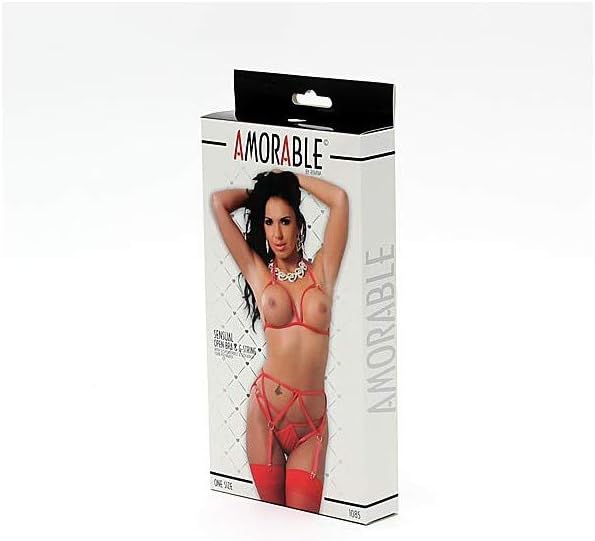 Sexy Open Bra + G-string + Garter + Stocking Red One Size - Image 3
