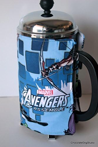 French coffee press cozy Marvels Avenger fabric, Handmade in Chocolate Dog Studio