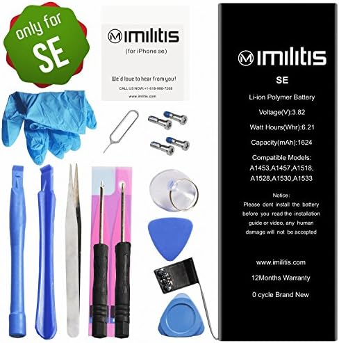 IMILITIS Battery for iPhone SE 3.82v 1624 mAh Li-ion Polymer Mobile Phone Battery with All Repair Replacement Kit Tools Adhesive Strips andInstructions (12 Months Warranty)