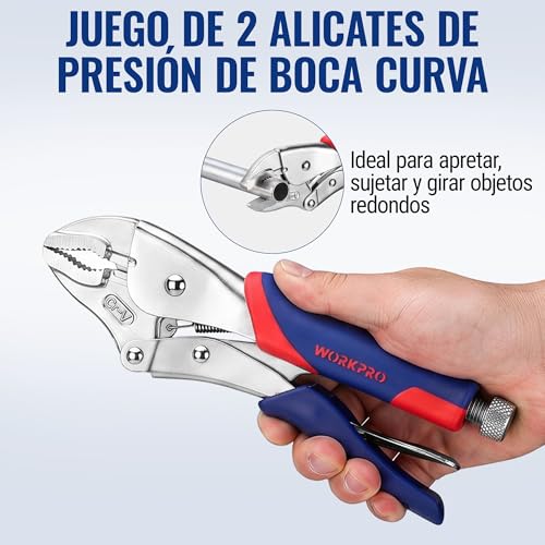 WORKPRO 3 Piece Set of Locking Pliers Pressure Pliers Cr-V Steel, Curved Jaw 18 cm and 25 cm, Straight Jaw 16.5 cm