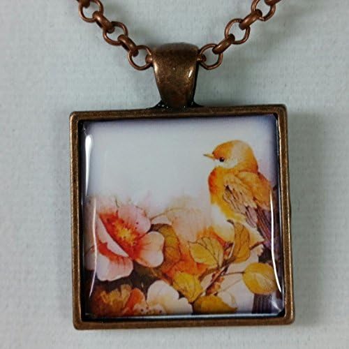 Flower and Yellow Bird Resin Art Pendant Adjustable Necklace 16 to 20 Inch