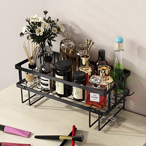 Bathroom Organizer Over The Toilet Storage Shelf, Iron Restroom Organizers with Hanging Hook & Adhesive Base, No Drilling Space Saver with Wall Mounting Design (Black)