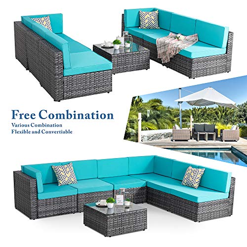 Walsunny 7 Piece Outdoor Patio Furniture Sets, PE Silver Gray Rattan Wicker Sectional Sofa Couch