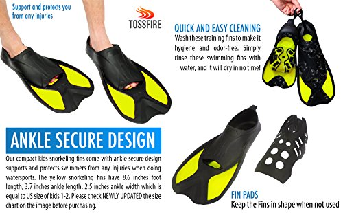Snorkeling Fins Short Floating Training Swimming Fins for Kids Children Boys and Girls US size 1-2 with Thermoplastic Rubber Pool Travel Fins for Swimming Scuba Diving Snorkeling Watersports – Yellow