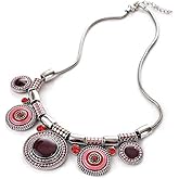 Bethynas Boho Ethnic Round Charm Pendant Choker Necklace Retro Silver-Toned Hippie Chunky Neck Chain Tribal Pattern Statement Accessories for Women
