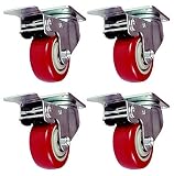 Online Best Service 4 Pack Caster Wheels Swivel Plate with Brake On Red Polyurethane Wheels (3 inch with Brake)