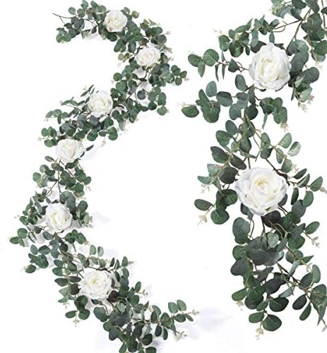Meiliy Artificial Eucalyptus Garland Leaves with 6 Rose Vines Artificial Flower Garland Centerpiece Table Runner Wedding Arch Decorations Backdrop Wall Party Festival Décor,White