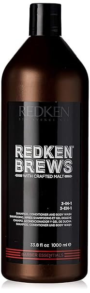 REDKEN BREWS 3-IN-1 MEN’S SHAMPOO, CONDITIONER AND BODY WASH – MULTI-PURPOSE HAIR & BODY CLEANSER FOR MEN – MOISTURIZES & HYDRATES, ALL-IN-ONE SOAP, 33.8 FL OZ