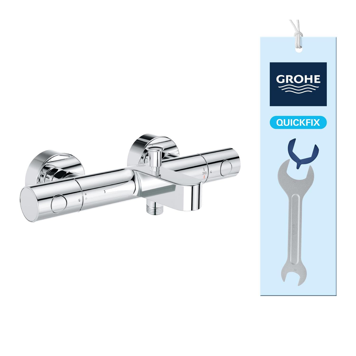GROHE Precision Get - Wall Mounted Thermostatic Bath Mixer (Water Saving Technology, Ergonomically Metal Handles, Safety Button at 38°C, Adjustable Economy Stop, Diverter Valve), Chrome, 34774000