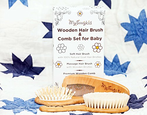 Slicemall Wooden Baby Hair Brush and Comb Set with Natural Goat Hair, Helps Prevent Cradle Cap