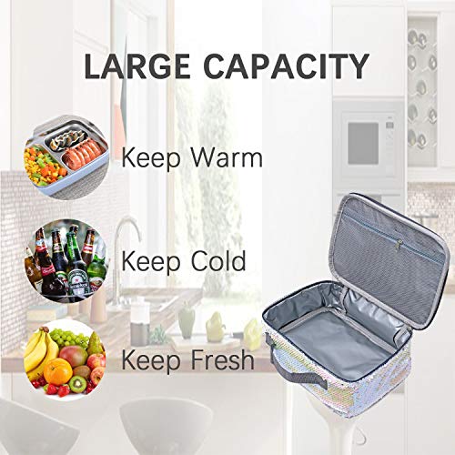 Manicer Sequin Lunch Box, Insulated Sparkle Lunch Bag Flip Color Change Reversible Fashion Lunch Tote, Ideal for Girls, Women and Kids - Laser Silver + Pink