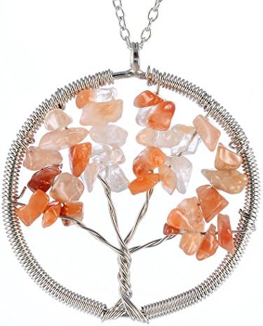 Simulated Jade / Quartz Stone Necklace Pendant Tree of Life , Healing Point Unisex with Chain 20 "-Light red