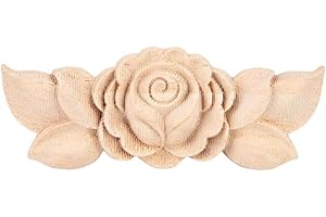 Mumusuki Wood Carved Appliques Onlay, 4Pcs Unpainted Rose Flower Carved Corner Onlay for Cupboard Cabinet Wall Dresser Decor