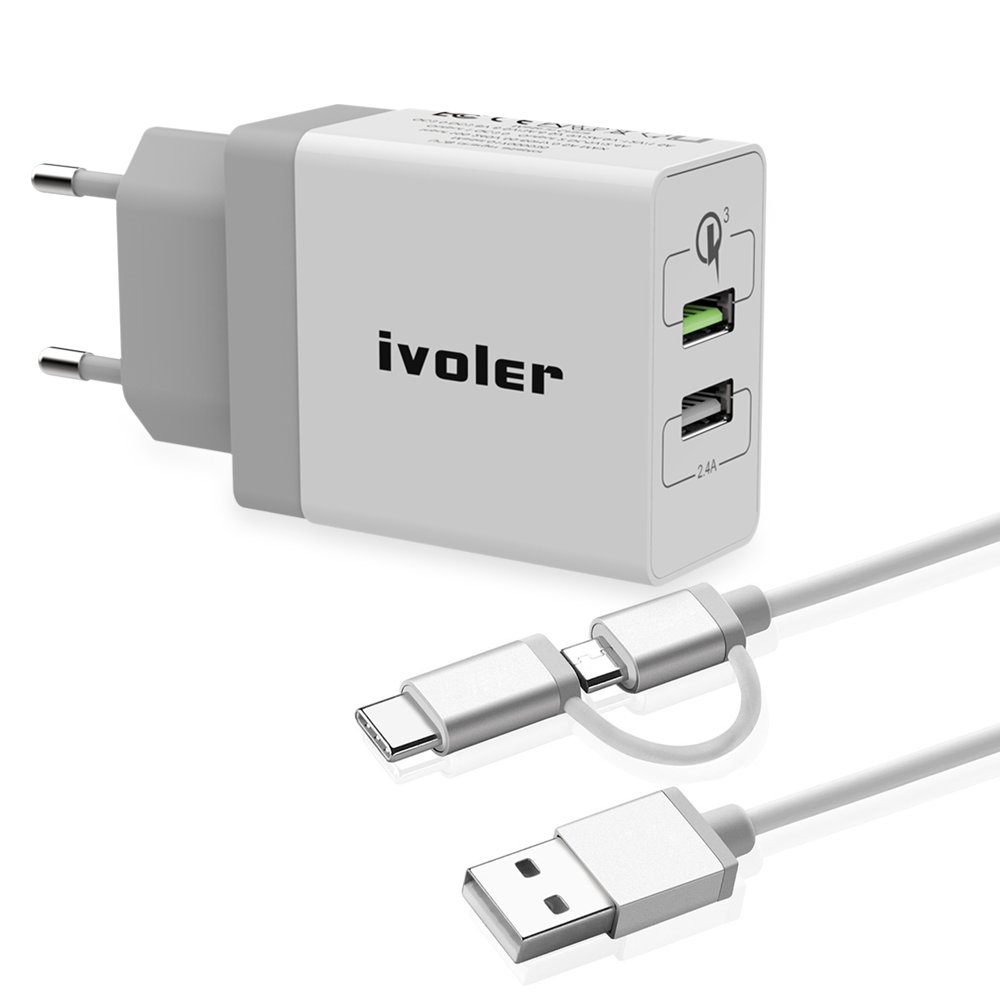 iVoler Quick Charge 3.0 USB C 30W 2-Port USB Wand Ladegerät [QC 3.0 + Qsmart Port 5V /2.4A] Reise Adapter Ladeadapter Charger Ladestecker Netzteil mit 2-in-1 Micro USB & Type C Kabel für Samsung Galaxy S9/S9+/S8/S8+/S7/S7 Edge/S6/S6 Edge/Ed