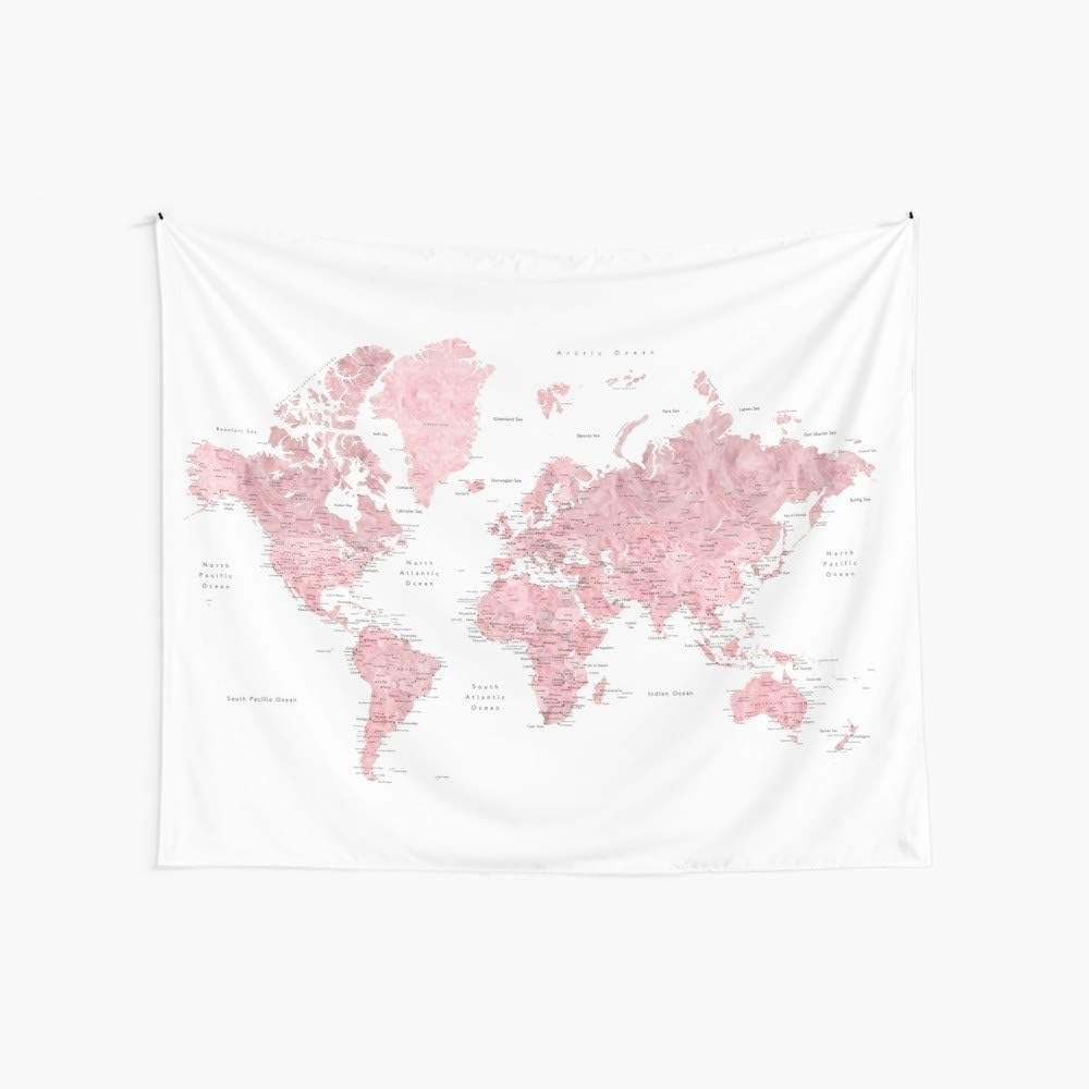 CuYatry Light Pink and Muted Pink World Map with Cities Boutique Tapestry Wall Hanging Tapestry Vintage Tapestry Wall Tapestry Micro Fiber Peach Home Decor 59.1X51.2 in