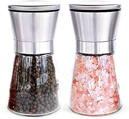 Miss Jordan Salt and Pepper Mill Stainless Steel Shakers Grinder Set with Adjustable Coarseness and Contemporary Glass Body