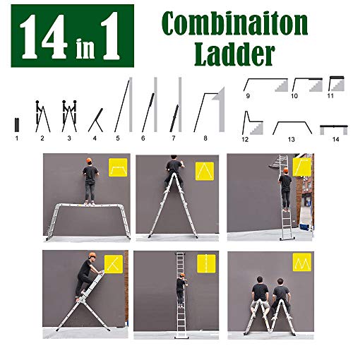 ZhanGe 14-in-1 DIY Multi Purpose Scaffolding Ladder 4.7M/16.5Ft Aluminum Telescopic Lightweight Foldin Extendable Step Stool Work Platform with Safety Locking Hinges EN 131 Standard Hold up to 330Lbs