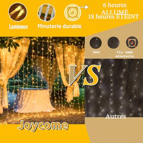 Joycome Light Curtain, 6 x 3 m, 600 LEDs, Mains Powered Light Curtain, 8 Modes String Lights for Interior, Outdoor, Wall, Bedroom, Ceiling, Balcony, Wedding Decoration – Warm White