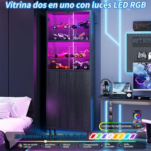 Simple Wisdom Vitrina Exhibidor,Vitrina con Puerta de Cristal y LED en la Parte Superior y Armario con Cerradura en la Parte Inferior,Librero Organizador,Archivero(Negro, 182X60 CM)