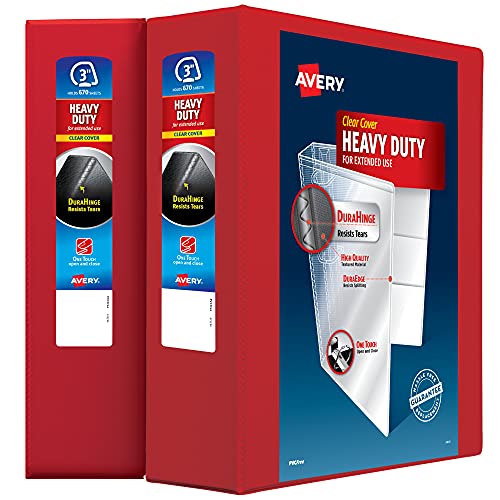 Avery Heavy-Duty Clear View 3 Ring Binders, 3 Inch EZD Rings, 2-Pack of Red Bin…